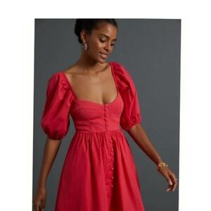 Anthropologie Maeve Puff-Sleeved Sweetheart MIni Dress Magenta/pink/red NWT